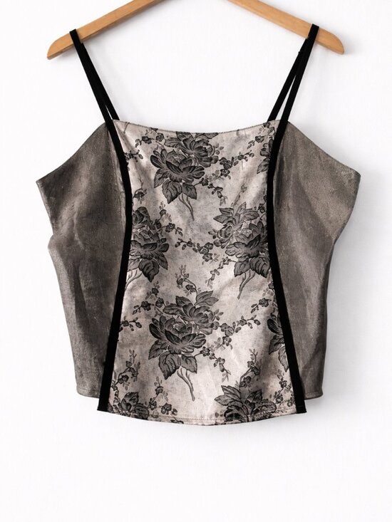 Amelia's Tops - Vintage Amelia’s Silver Metallic Floral Cami Top M Velvet Trim Strappy Tank